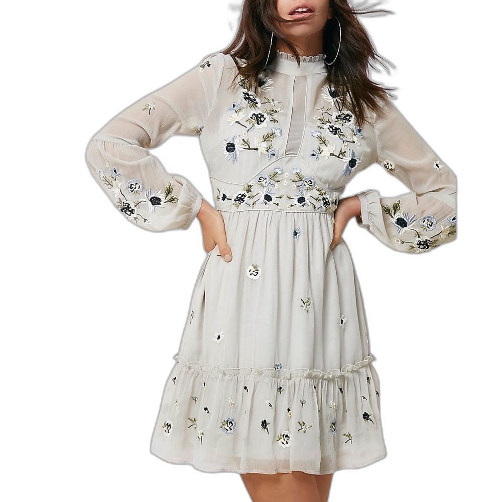 River Island Women’s Chiffon Embroidered Fit&Flare Dress Grey 14 Euro Size